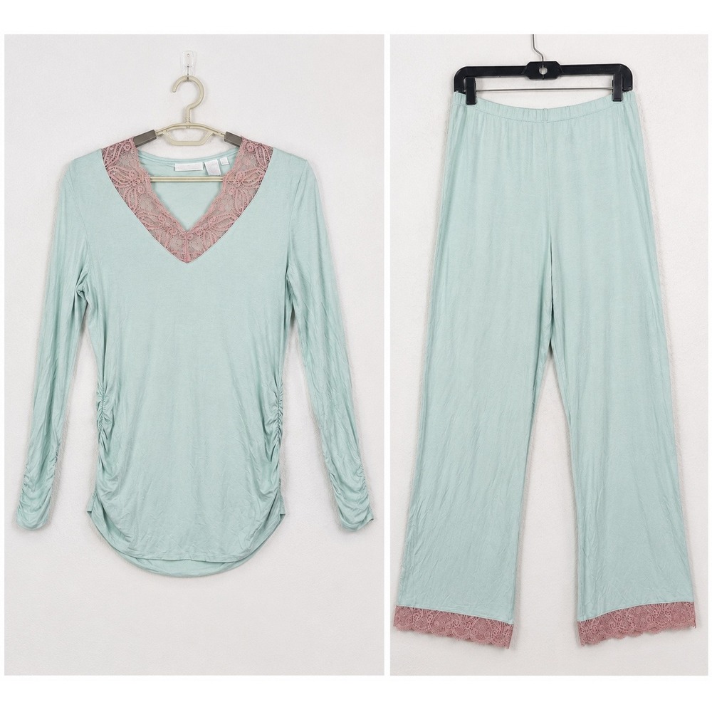 Soft Surroundings Pajama Set S Seafoam Green Lace Trim Lounge Soft Lightweight